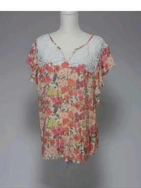 Palm Rio 2x Top Floral Lace Trim Ruffle Cap Sleeve 54x29" Plus Size Shirt